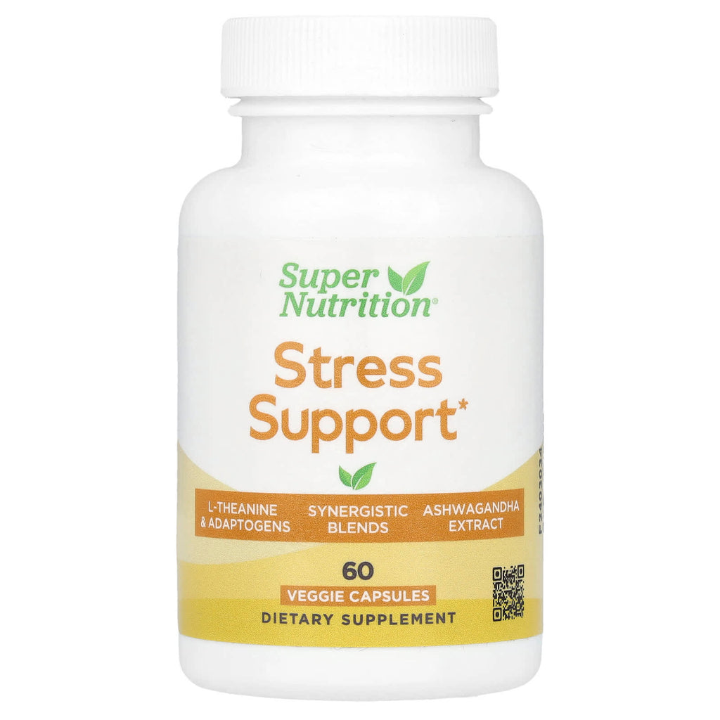 Super Nutrition, Stress Support with L-Theanine, Ashwagandha, Botanical Blend, and Enzymes, 60 Veggie Capsules